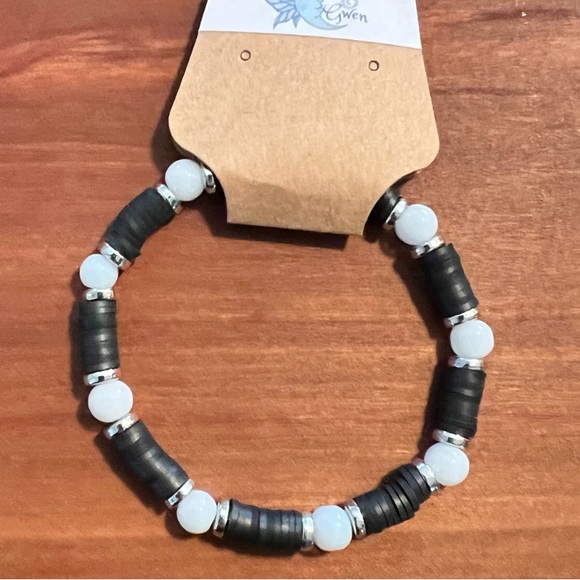 Black Clay Beads and White Beaded Stretchy Bracelet w/ Silver Accents - Picture 2 of 2